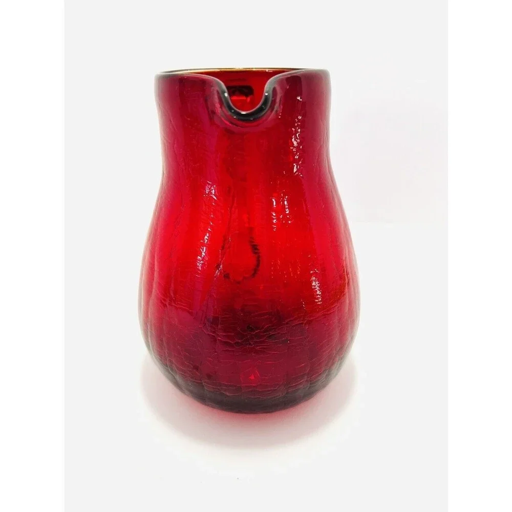 Vintage Amberina Crackle Glass Creamer Pitcher Ruby Red Amber Yellow 5.5”